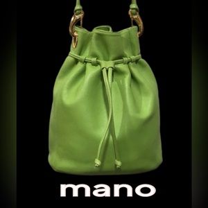 mano Genuine Leather Crossbody‎ Bucket Bag, Drawstring Closure, Bright Green